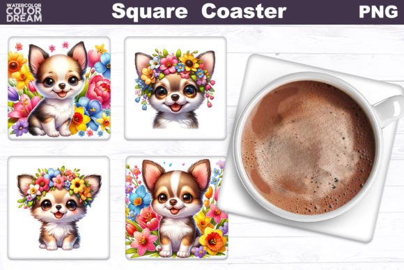 Chihuahua Square Coaster Dog Flowers S