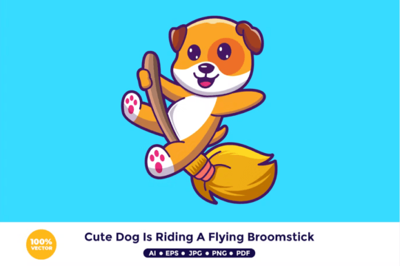 Cute Dog is Riding a Flying Broomstick