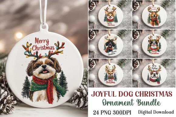Joyful Dog Christmas Ornament PNG Bundle
